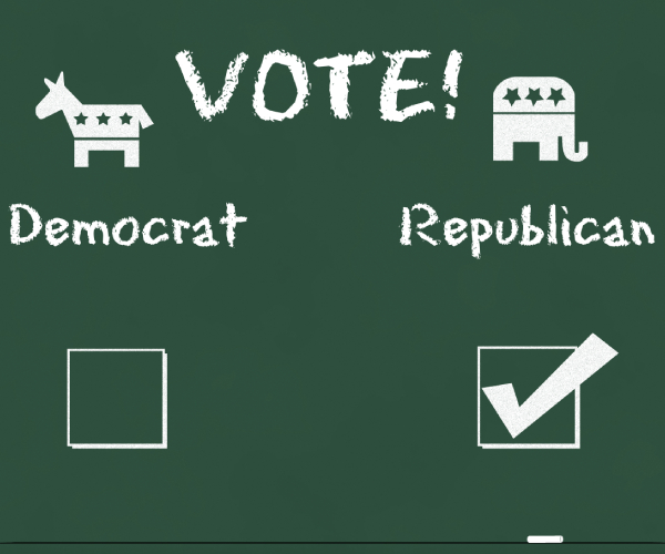 a chalkboard with the words vote democrat and republican with a box checked republican