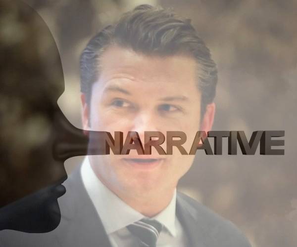 a faded picture of pete hegseth behind an illustration of a man with a long nose labeled narrative