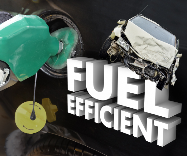 a car being gassed up with the words fuel efficient and a smaller wrecked car superimposed over it