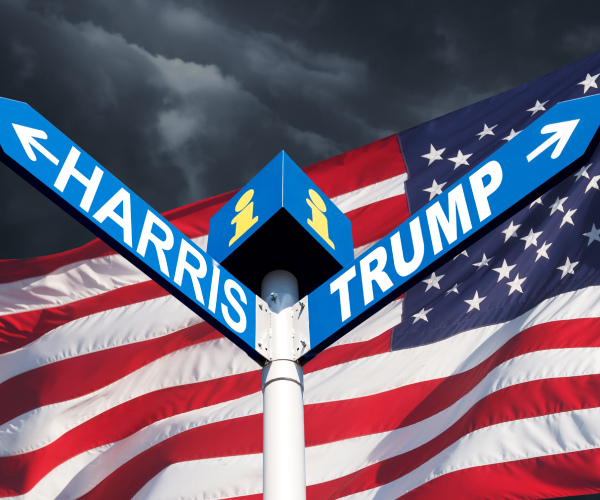 street signs reading harris and trump in front of an american flag