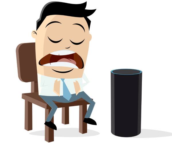 cartoon of a man sitting in a chair talking to an alexa