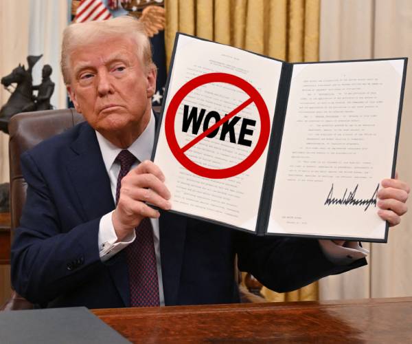 donald trump holding up a signed executive order with a superimposed image of the word woke with a red slash through it