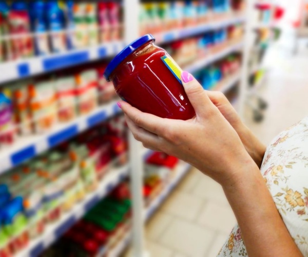 woman looking at food label of tomato sauce jar in supermarket