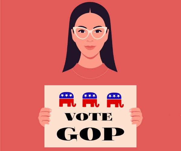 illustration of a hispanic woman holding a sign reading vote jee oh pee