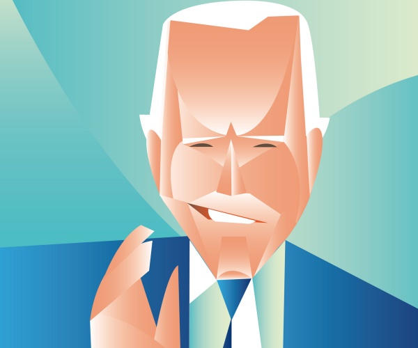 vector illustration of joe biden with hand raised and blue suit with turquoise background