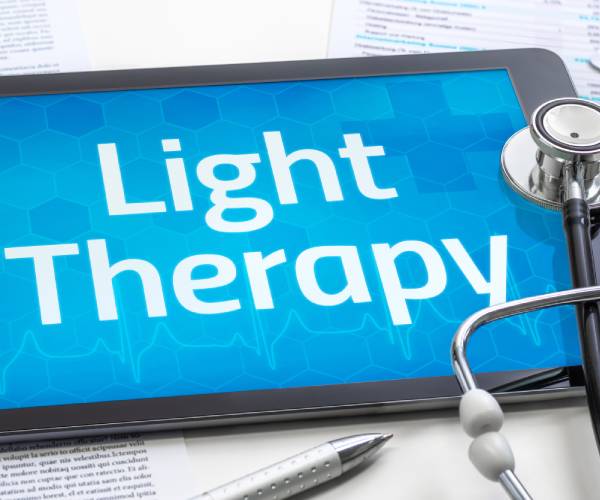 the words light therapy on a computer tablet with a stethoscope lying beside it