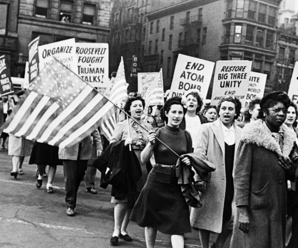 atom bomb and big three protest in the empire state mid last century 