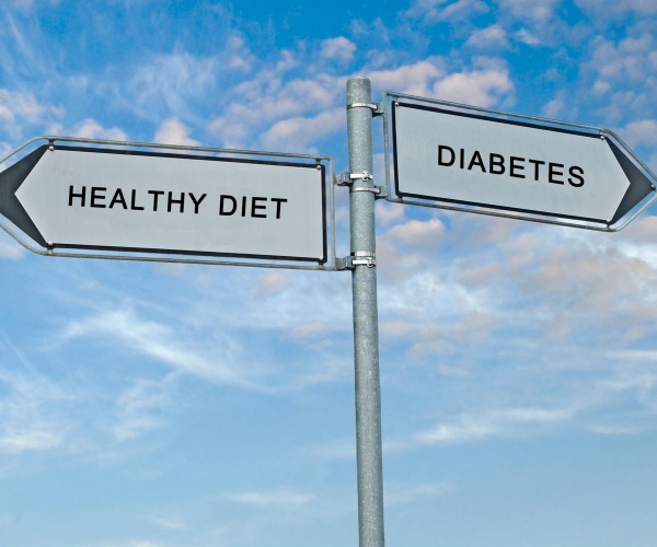 street signs with blue sky in background, 'health diet' pointing left, 'diabetes' pointing right