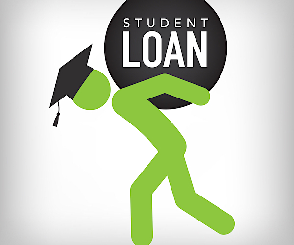 a stick figure carries a lead weight on its back in an illustration of the burden of student loan debt