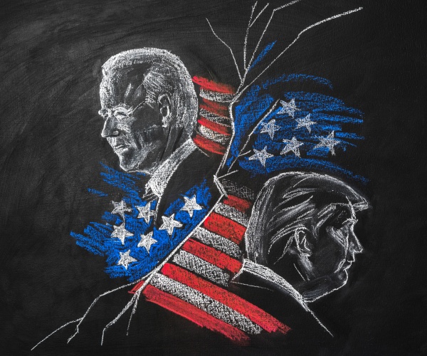 illustration of donald trump and joe biden with american flag pieces as background