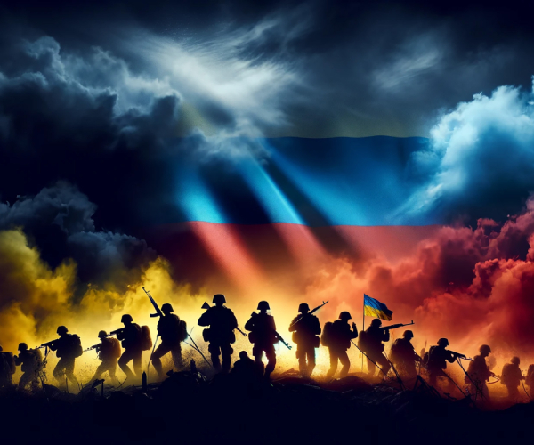 illustration showing soldiers on a hill with ukrainian and russian flags in the sky