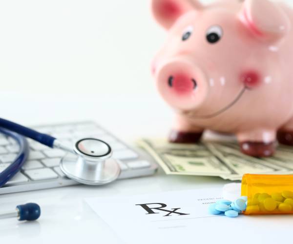 computer keyboard, stethoscope, pill bottle with pills spilled, piggy bank, cash