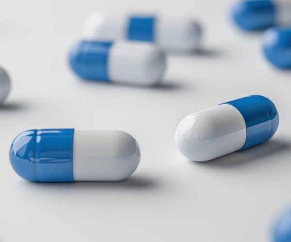 antibiotics in blue and white capsules