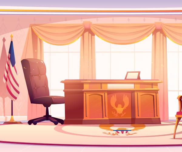 a cartoon of the oval office with no one sitting in the presidents chair behind the desk