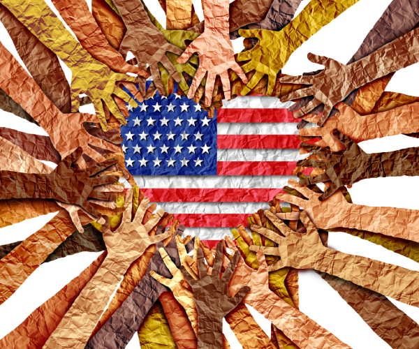 different colored hands circle a heart-shaped us flag