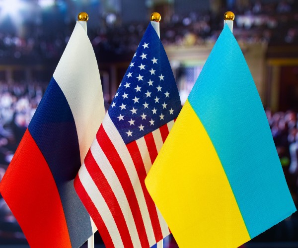 russian american and ukrainian flags