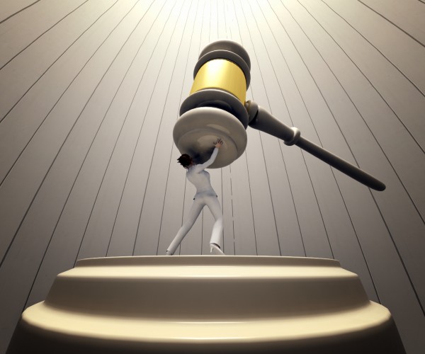 illustration of a woman standing on a giant judges gavel and pushing against it as it tries to gavel her down