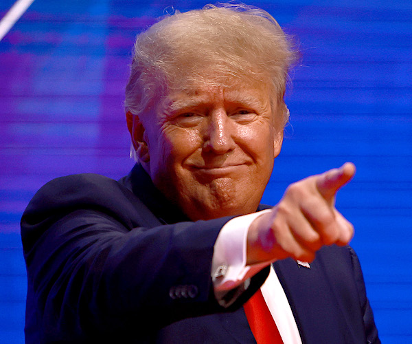 former president donald trump smirks and points during a speech