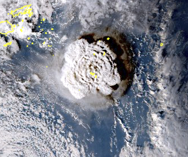 This satellite image shows an undersea volcano eruption at the Pacific nation of Tonga on Saturday