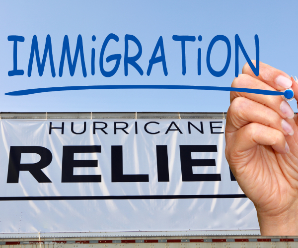 a hand writing immigration on the screen above a photo of a banner reading hurricane relief