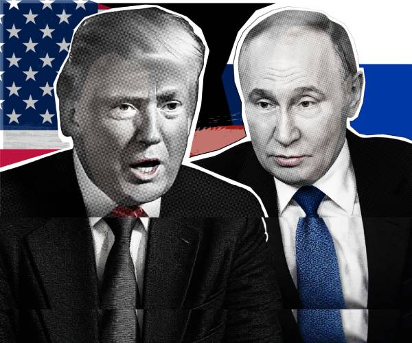 trump and putin in a graphic in front of american and russian flags