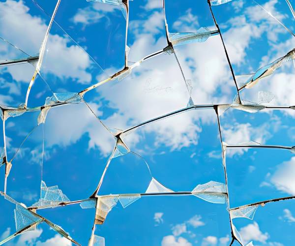 shattered glass, sky, clouds