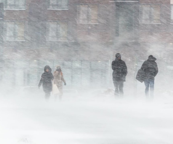 people out walking in a street with snow blowing