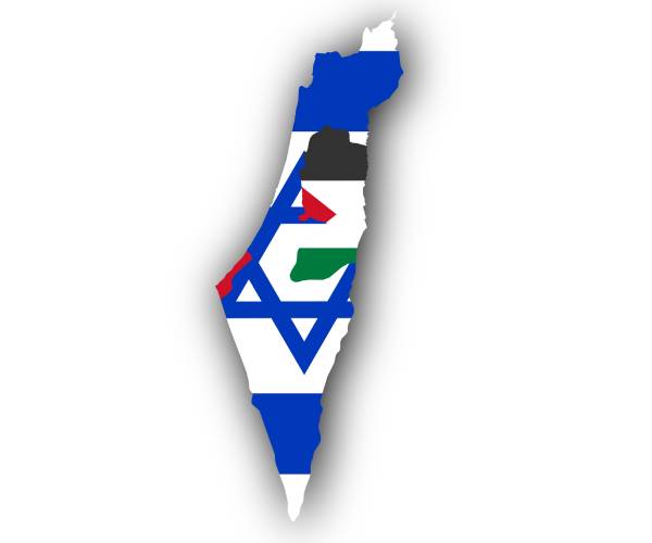 map of israel and palestinian territories with flags of each over their respective areas