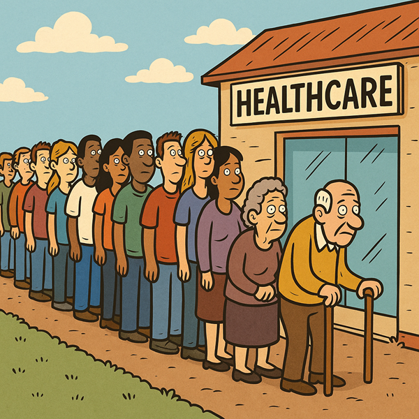 a cartoon of a line of people waiting for healthcare