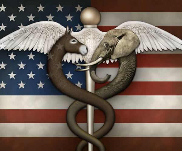 a medical symbol with democrat donkey and republican elephant replacing the snake and an american flag in the back