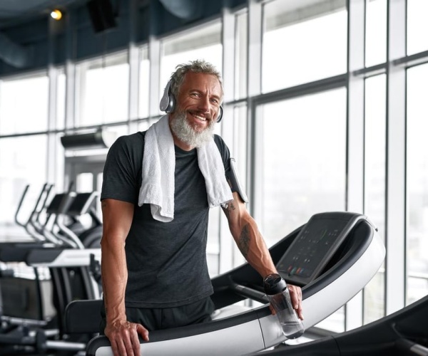 man at gym smiling on treadmill