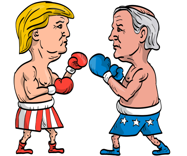 a cartoon of trump and biden facing off in boxing gear