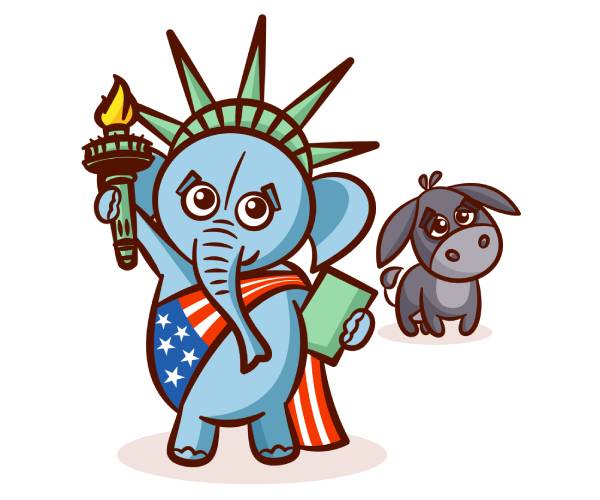 happy elephant dressed like statue of liberty with sad donkey behind it