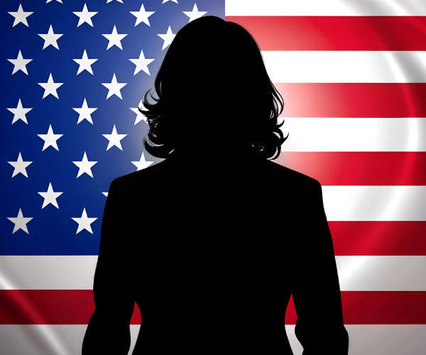 cutout figure of kamala harris in front of an american flag