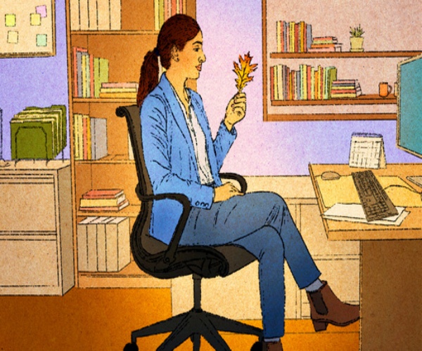 illustration of woman at desk at work in office holding a leaf from outside