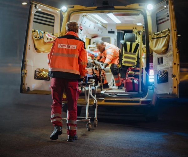 paramedics putting a patient in stretcher into ambulance