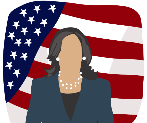 illustration of faceless kamala harris in front of a us flag