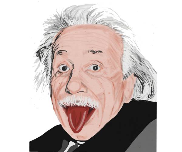 a cartoon of einsteins famous photo of him sticking out his tongue