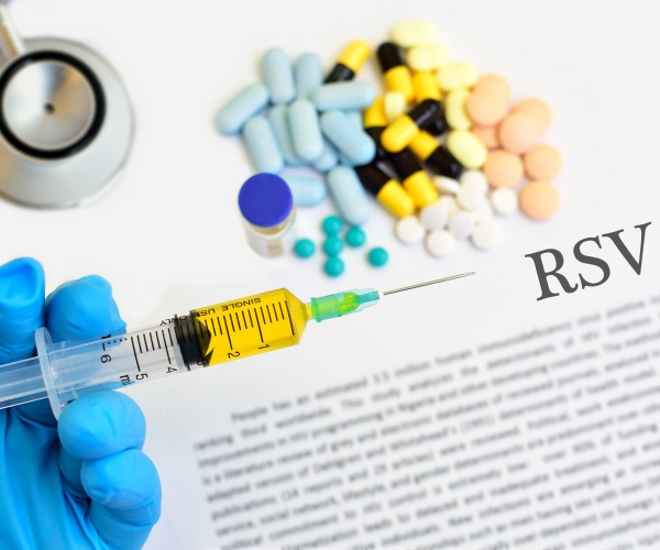 RSV in block letters, a syringe, stethoscope, pills