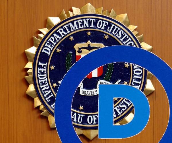 federal bureau of investigation logo partially covered by the logo of the democratic party