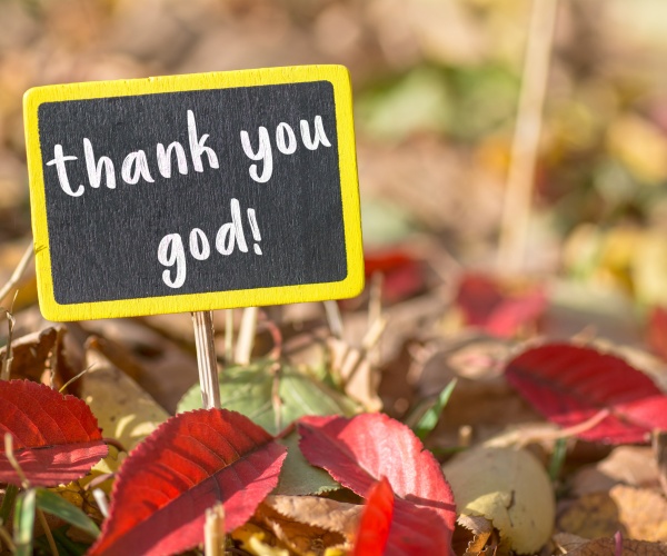 thank you god wooden black sign in autumn leaves