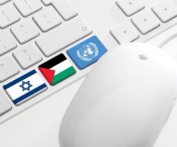 a computer keyboard with israeli palestinian and united nations flags as keys