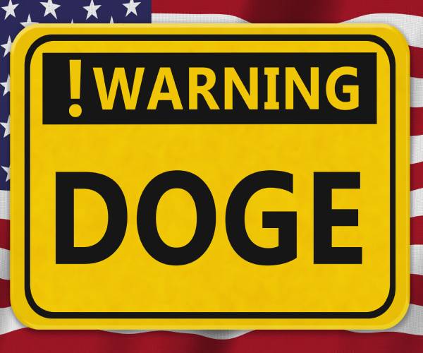 a warning sign reading doge over an american flag