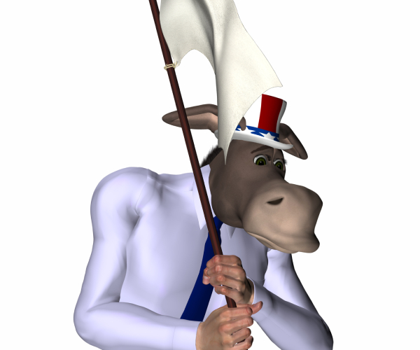 cartoon of a democratic donkey looking sad and waving a white flag of surrender