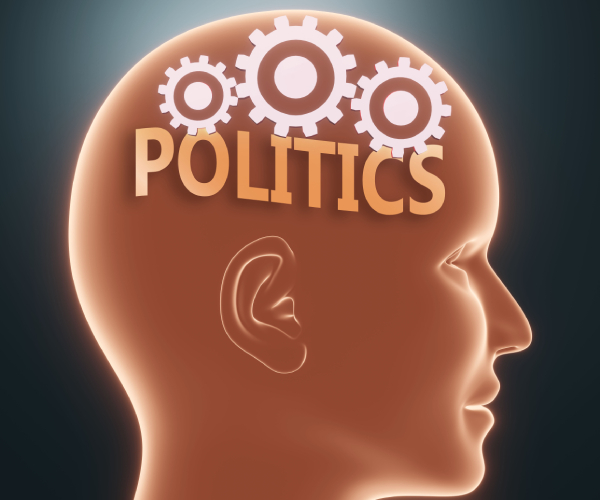 a head with gears and the word politics where the brain would be