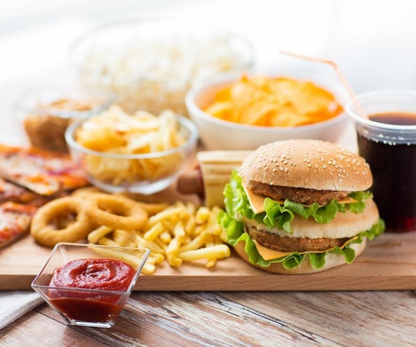 hamburger, fries, pizza, chips, soda and other ultra-processed foods