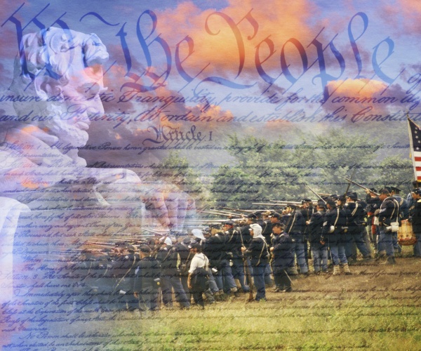 composite image of lincoln memorial, civil war soldiers, constitution