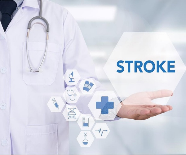 illustration of doctor holding hand out, word 'stroke'