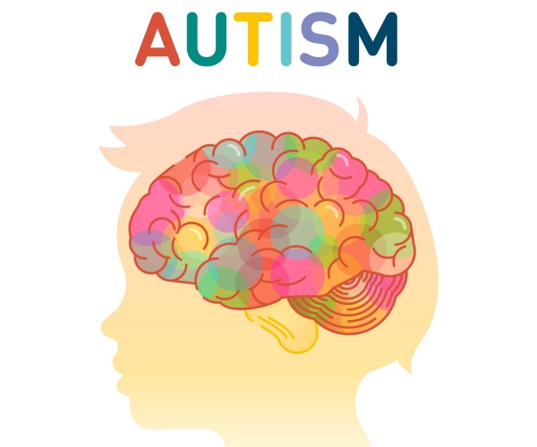 illustration of a child's profile, brain, and the word AUTISM 