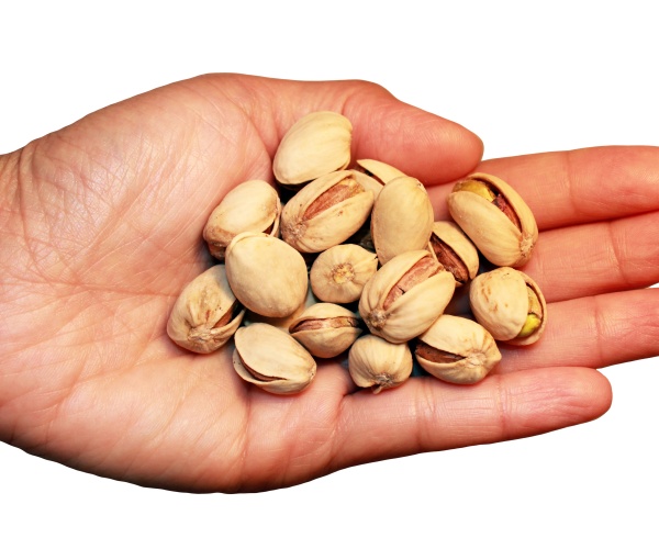 a hand holding pistachio nuts